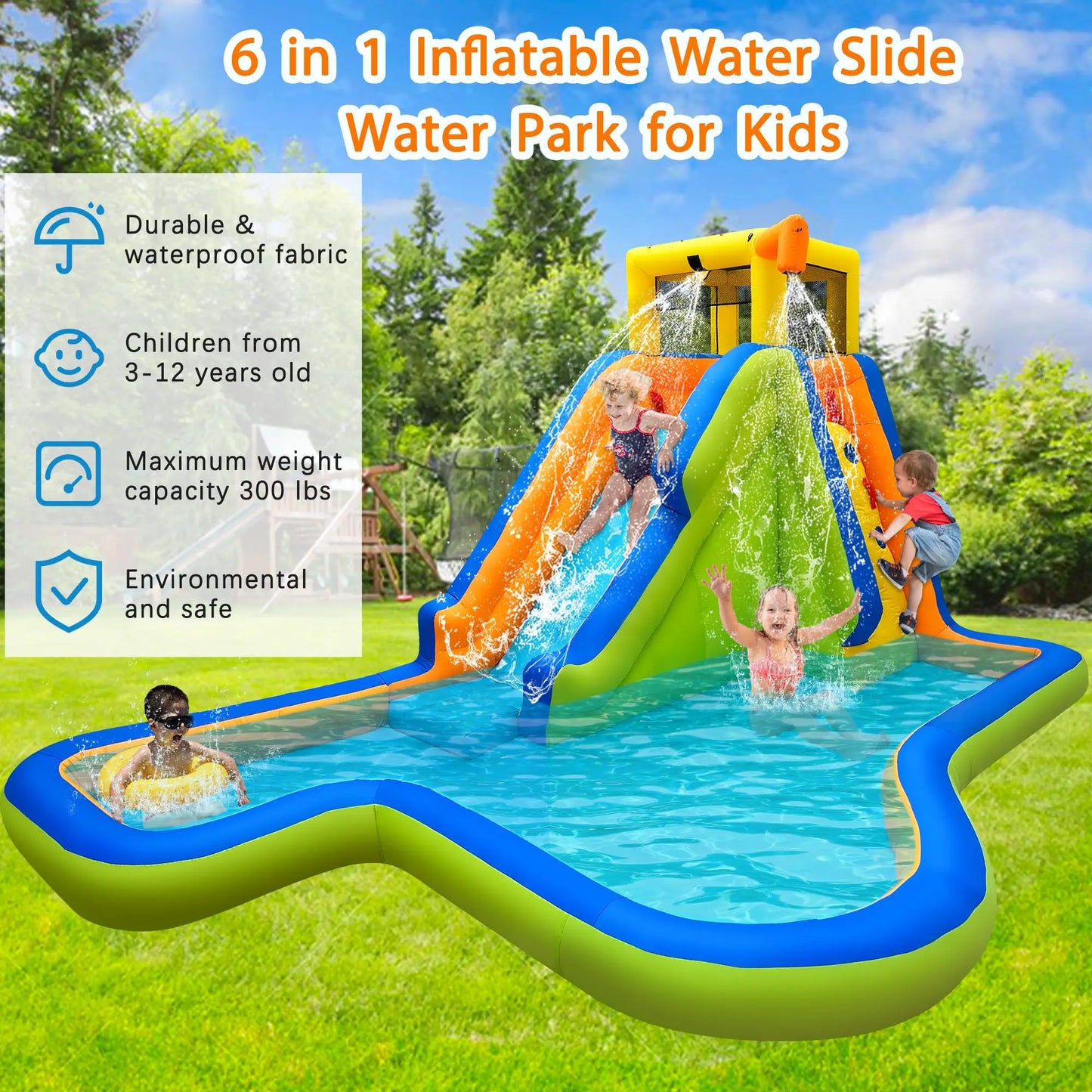 Inflatable Water Slide,6 in 1 Water Park Outdoor Backyard,Waterslide Water Bounce House with Slide