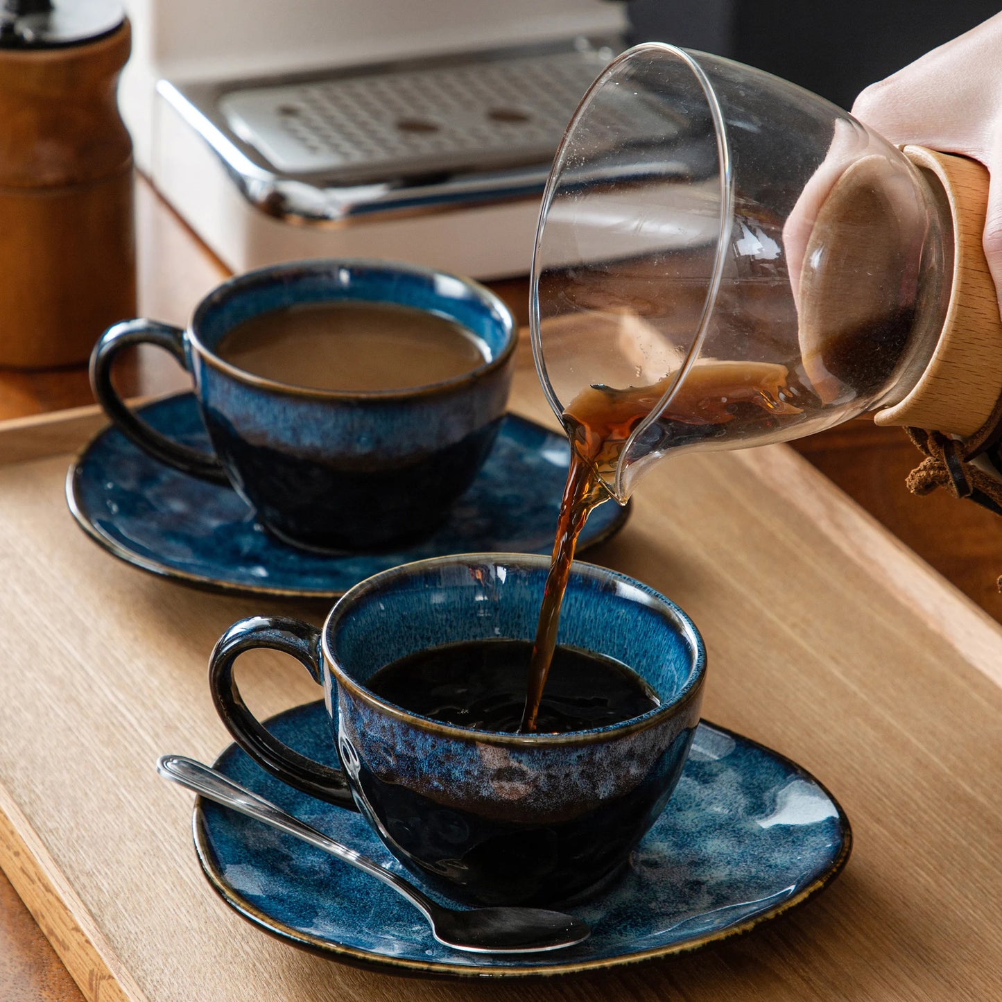 VANCASSO Starry Blue Ceramic Coffee Cup and Saucer Set Blue Kiln Change Glaze Afternoon