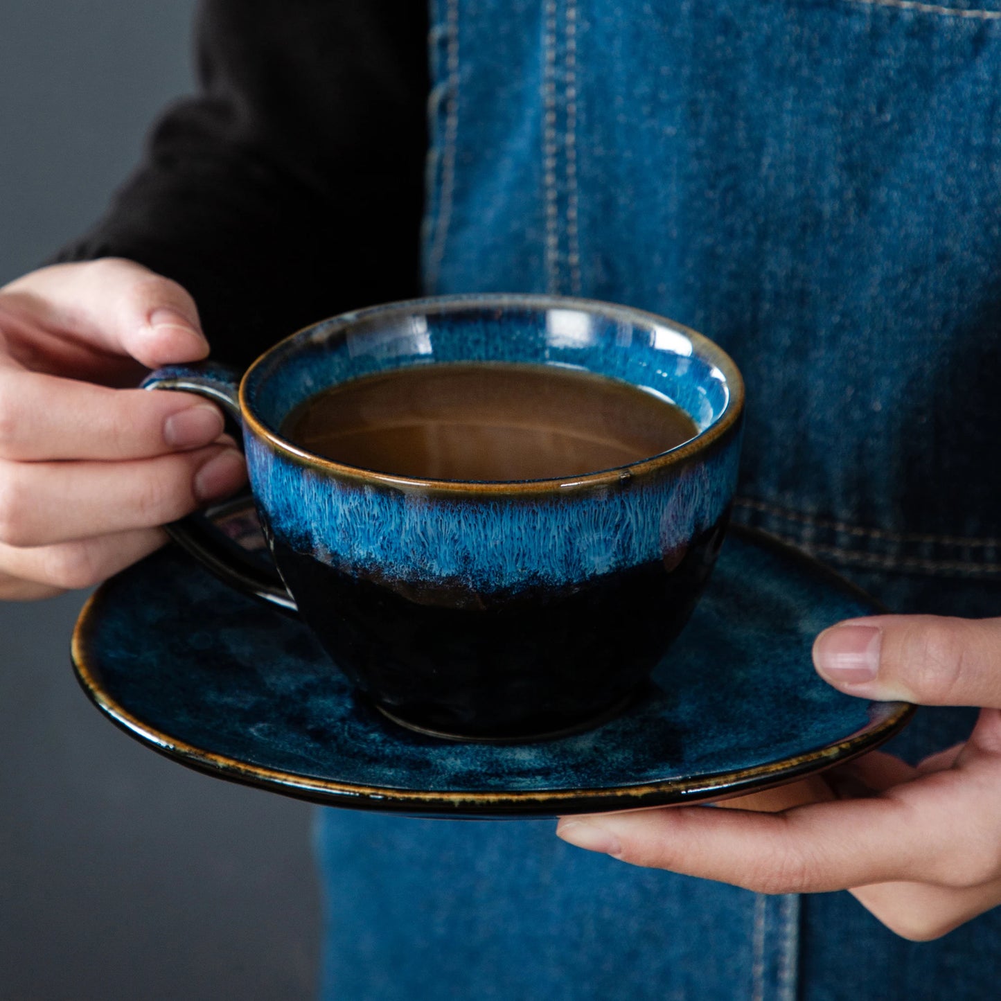 VANCASSO Starry Blue Ceramic Coffee Cup and Saucer Set Blue Kiln Change Glaze Afternoon
