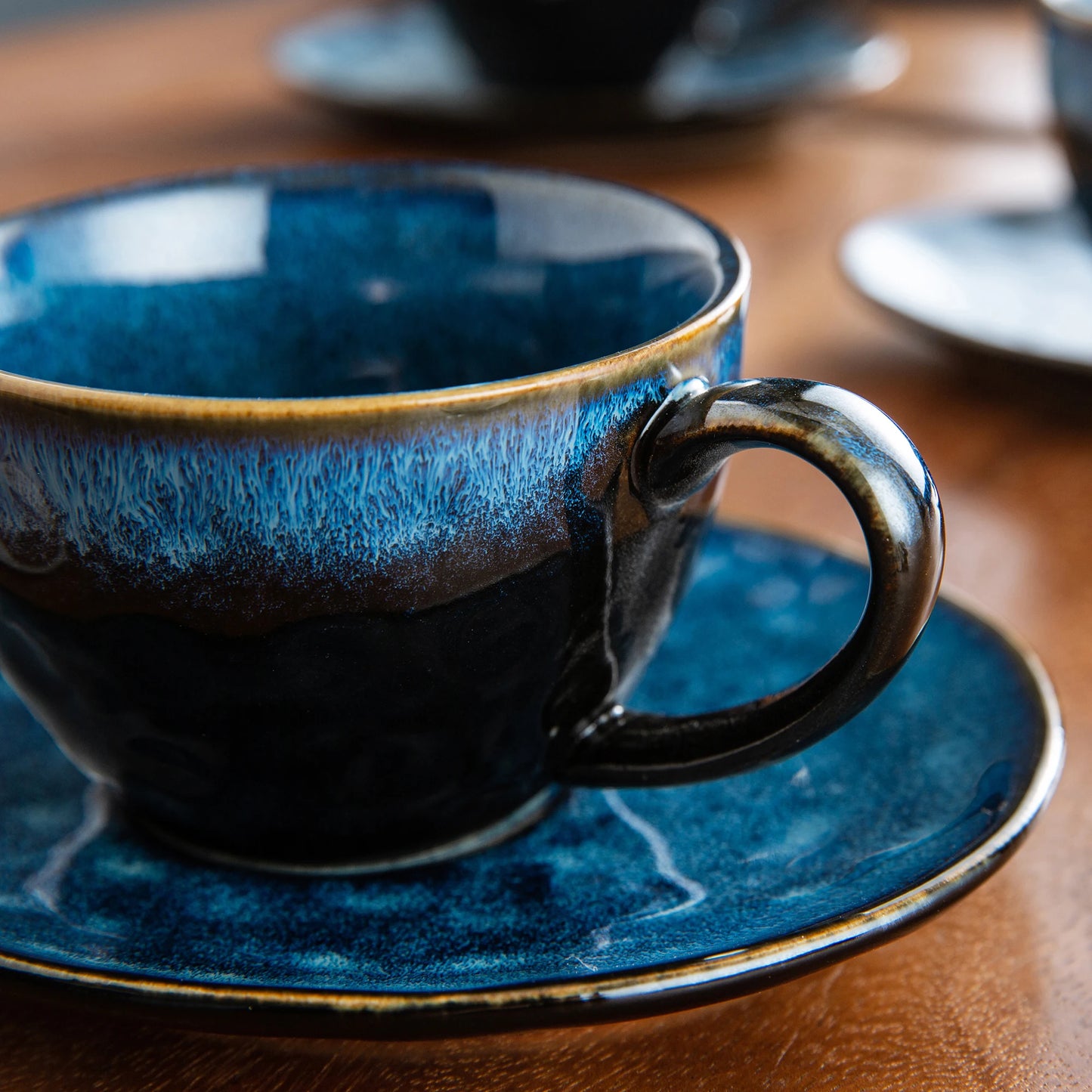 VANCASSO Starry Blue Ceramic Coffee Cup and Saucer Set Blue Kiln Change Glaze Afternoon