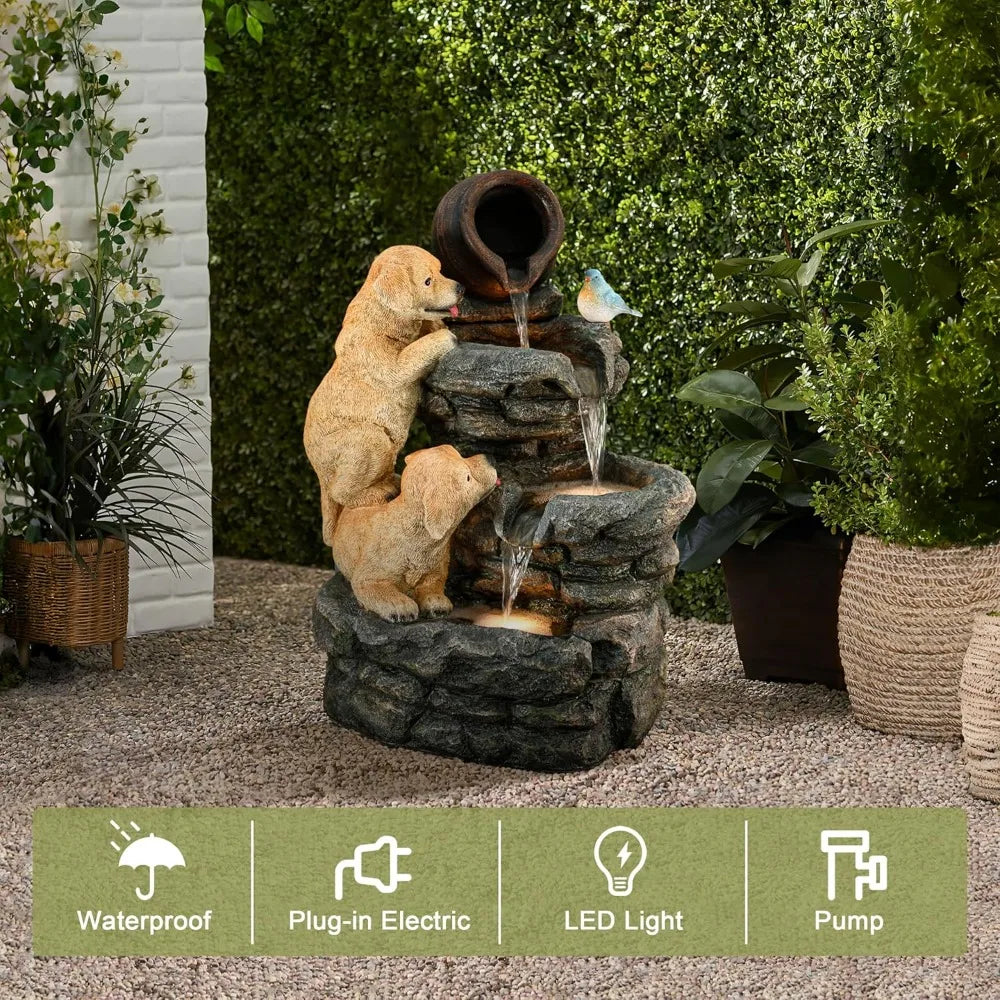 Puppy Rock Tower Farmhouse Resin Fountain with Lights, Outdoor Water Fountain