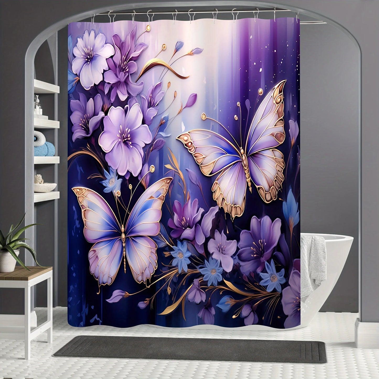 1/4pcs Purple Butterfly Floral Shower Curtain Set