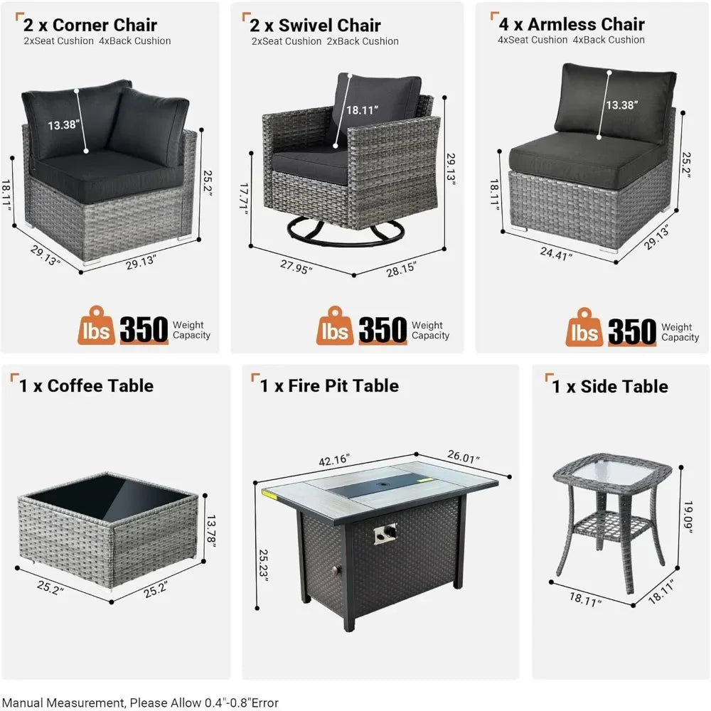 11 Piece Patio Furniture Set with Fire Pit Table, Conversation Sectional Wicker Couch with Swivel Chairs