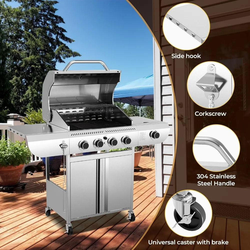 R.W.FLAME 4-Burner Gas Grill with Side Burner, Stainless Steel Propane Grill 42000BTU for Outdoor Cooking