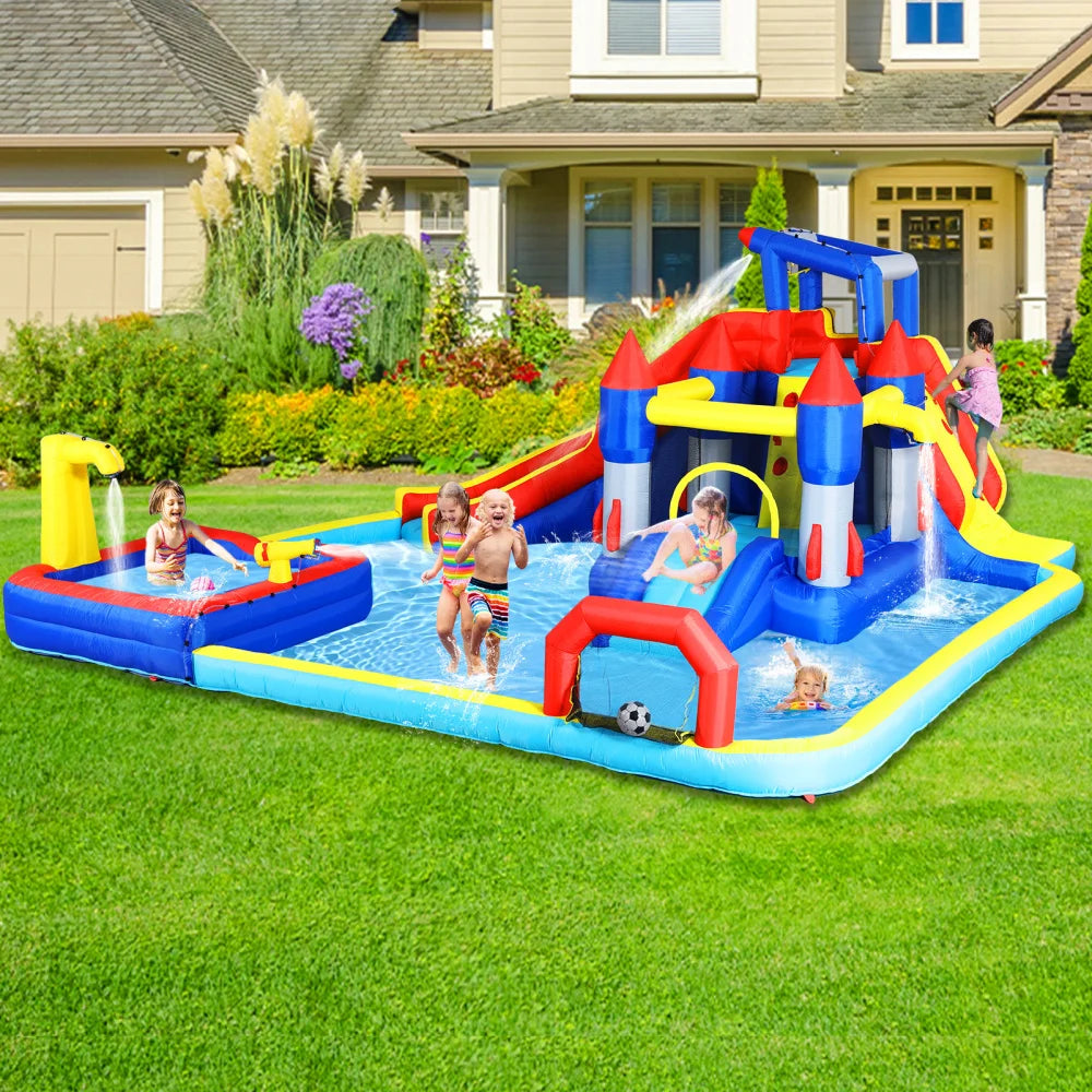 10 in1 Inflatable slide water park bouncing house garden with splash pool & water gun & basketball & climbing wall & dual pools