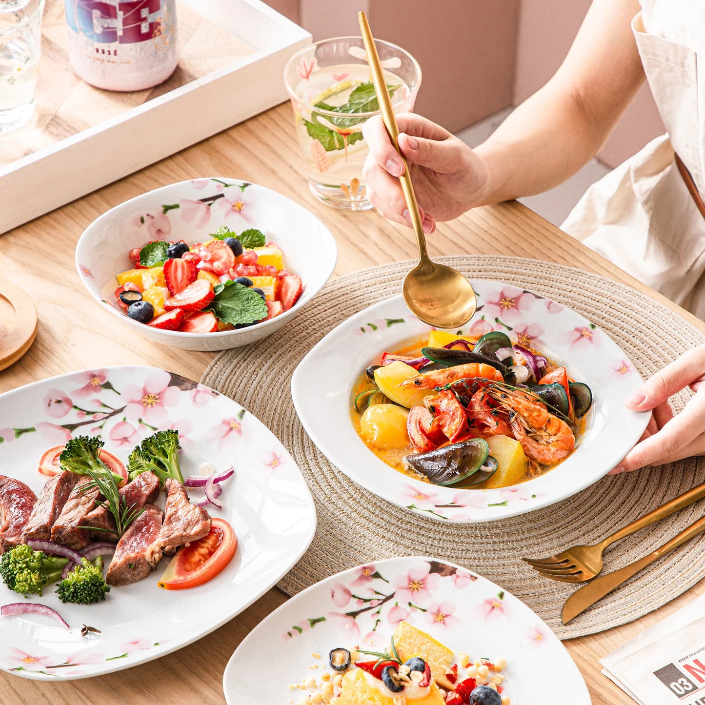 VEWEET ANNIE 48-Piece Porcelain Ceramic Tableware Dinner Plate Set with Bowl