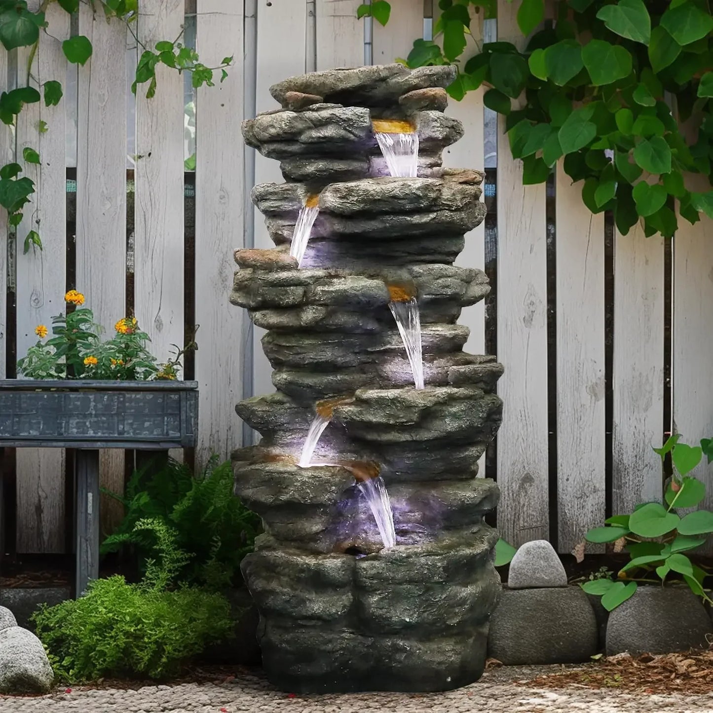 40"High 6Tiers Cascading Rock Outdoor Water Fountain Large Outdoor Fountains and Waterfalls for Garden or Patio