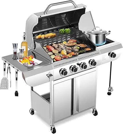 R.W.FLAME 4-Burner Gas Grill with Side Burner, Stainless Steel Propane Grill 42000BTU for Outdoor Cooking