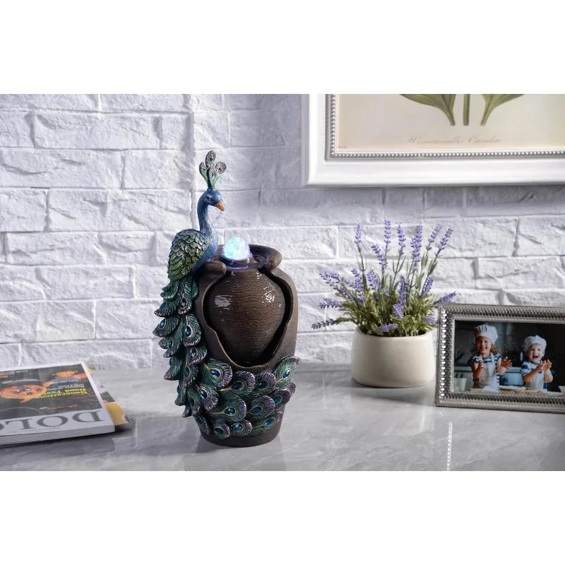 Tabletop Fountain Retro Jar Peacock with Glass Rotating Ball Desk Fountain
