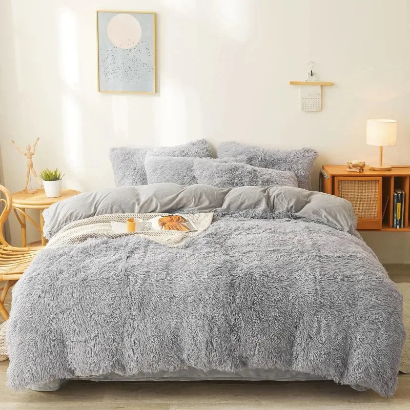 Ultra Soft Black Faux Fur 3 Piece Queen Comforter Set - Plush Fluffy Bedding With Duvet Cover and 2 Pillowcases