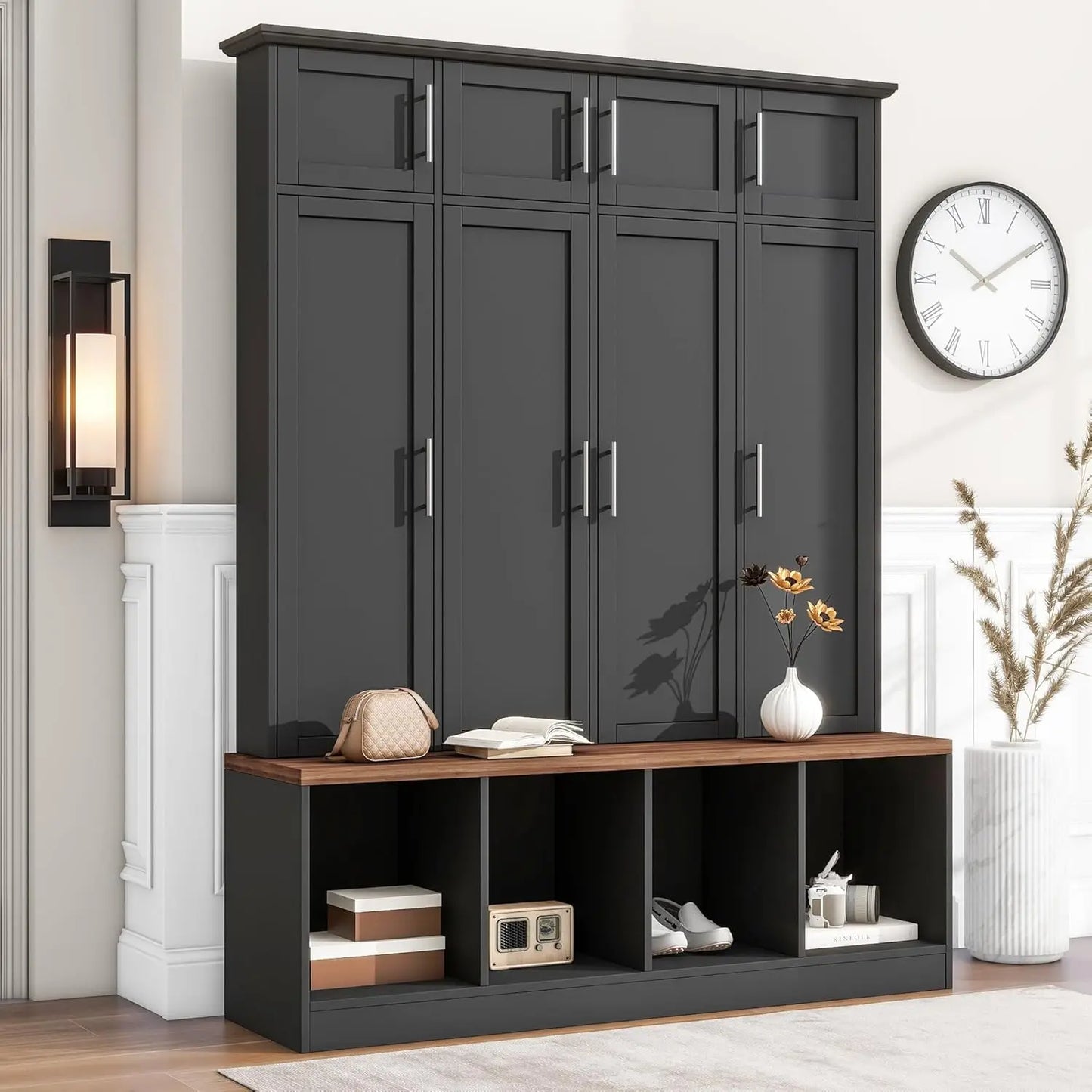 Wide Hall Tree Entryway Coat Rack with 4 Hidden Hooks 4-in-1 Multi-Functional Mudroom Bench Coat Hanger with 4 Large Storage