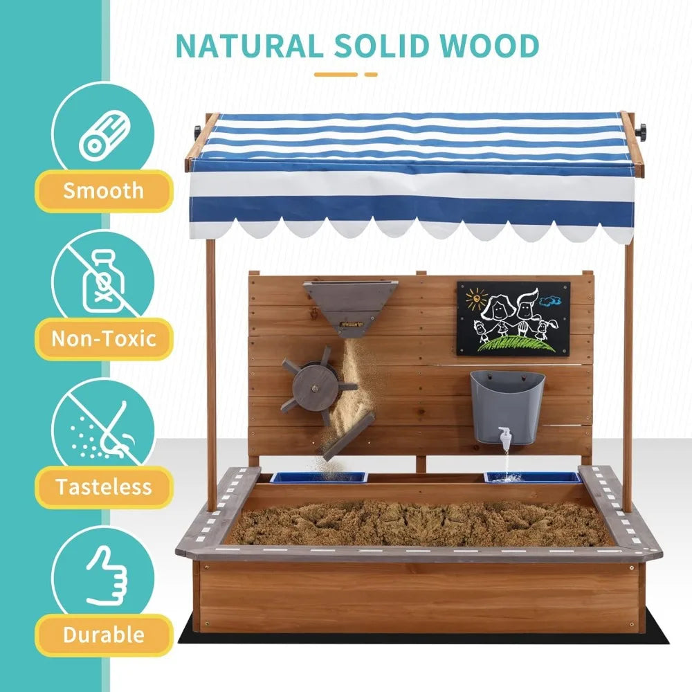 Kids Large Wooden SandBoxes with Roof, Outdoor Sand Box Play w/Canopy
