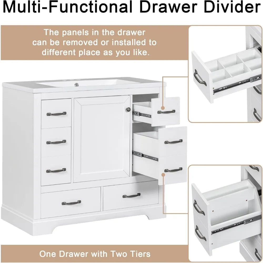 36" Bathroom Vanity with Sink ,6 Drawers & One Cabinet with Adjustable Shelf