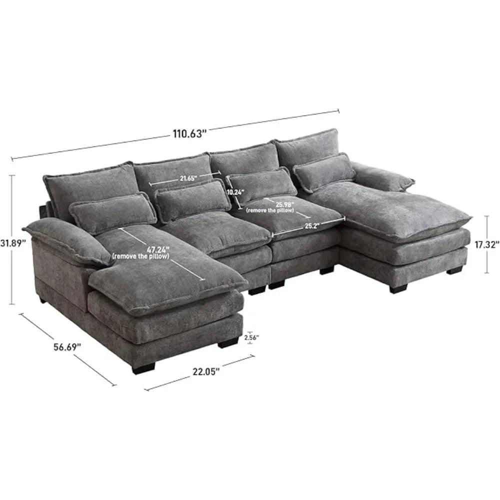 110" U Shape Sectional Cloud Couch,Modern Chenille Comfy Modular Sofa, 4 Seat Sleeper,Double Chaise