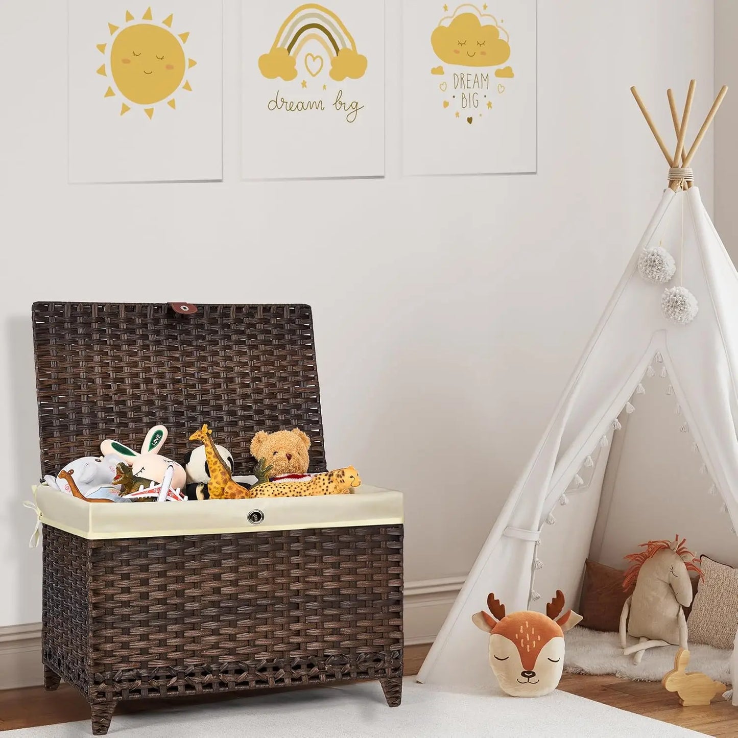 Wicker Storage Basket with Lid Rattan Shelf Basket with Removable Liner Bag 160L Storage Bin Storage Trunk with Heightened Feet