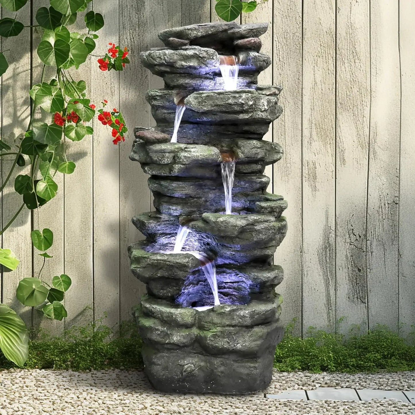 40"High 6Tiers Cascading Rock Outdoor Water Fountain Large Outdoor Fountains and Waterfalls for Garden or Patio