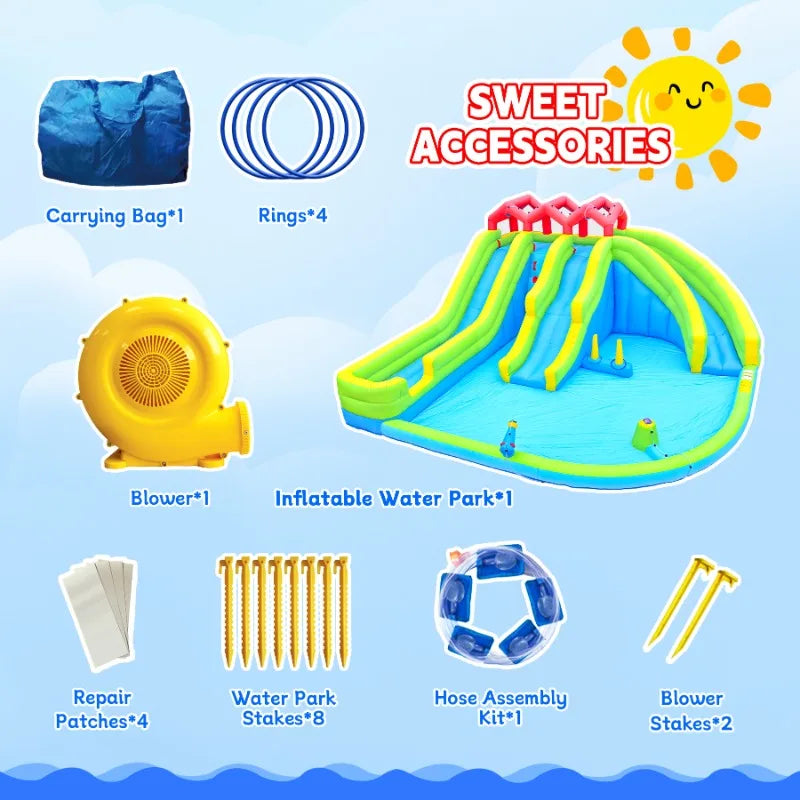 7 in1 Inflatable Water Park Three Slide with Blower Water Gun Sprinkler Fountain Climbing Wall for Children