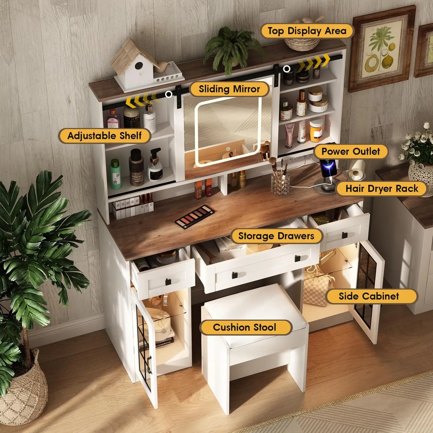 Vabches Vanity Makup Desk with Sliding Mirror&Lights Farmhouse Large Vanity Set for Bedroom Dressing Table with Charging Station