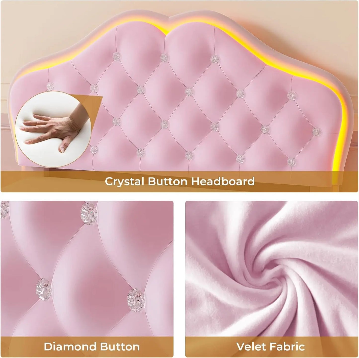 Twin Size Upholstered LED Bed Frame, Girls Twin Bed Frame with Adjustable Crystal Button Headboard