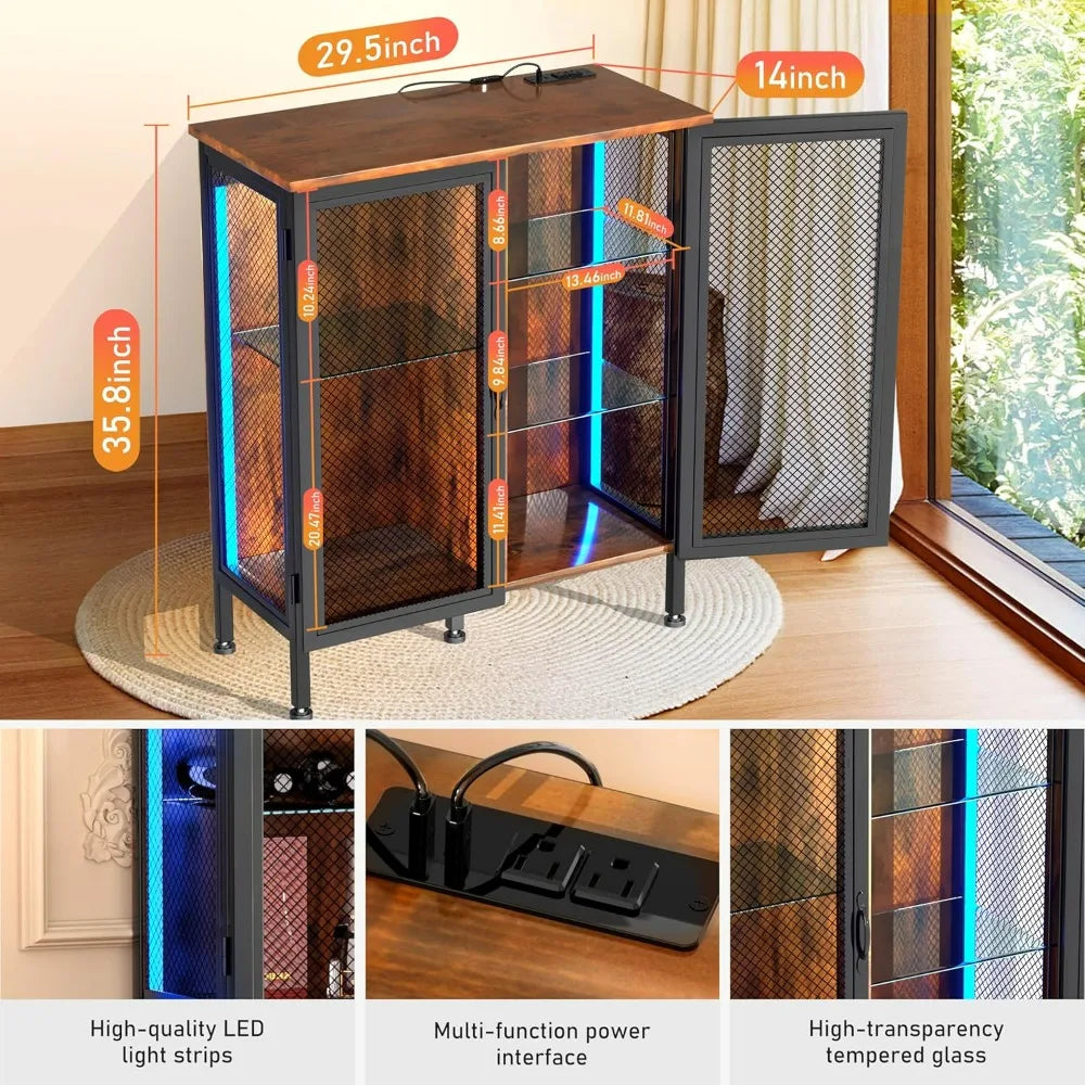 Wine Cabinet Bar Cabinet with Storage for Home -with Glass Shelves with Led Lights and Outlets