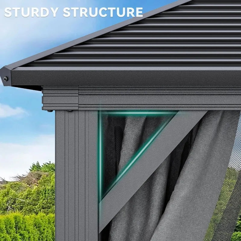 10x10ft Hardtop Gazebo with Nettings and Curtains Heavy Duty Galvanized Steel