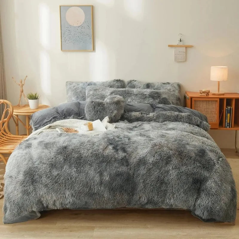 Ultra Soft Black Faux Fur 3 Piece Queen Comforter Set - Plush Fluffy Bedding With Duvet Cover and 2 Pillowcases