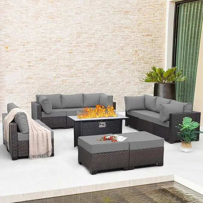 Outdoor Patio Furniture Set 11 Piece Dark Brown Rattan Sectional Sofa PE Wicker Conversation Chairs with 45" Propane Fire