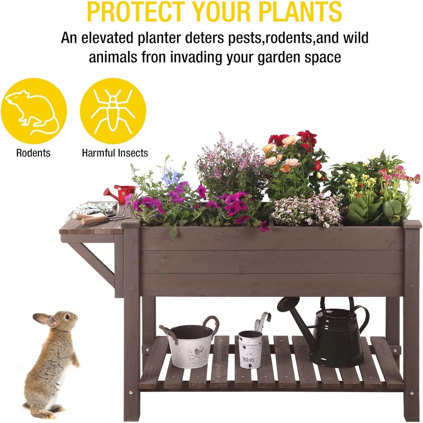 US Raised Garden Bed, Elevated Plant Boxes Outdoor Large with Grow Grid - with Large Storage Shelf 52.7" x 22" x 30"
