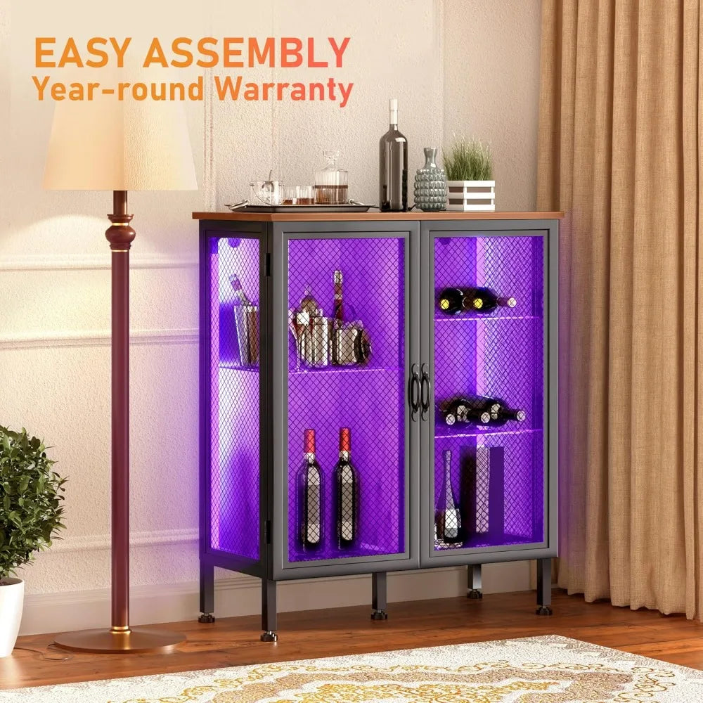 Wine Cabinet Bar Cabinet with Storage for Home -with Glass Shelves with Led Lights and Outlets