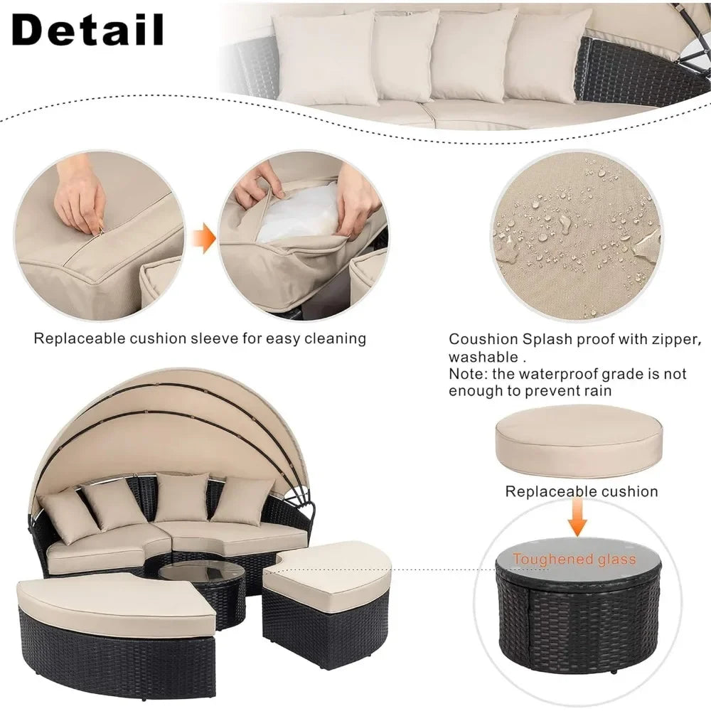 Patio Furniture Round Daybed with Retractable Canopy