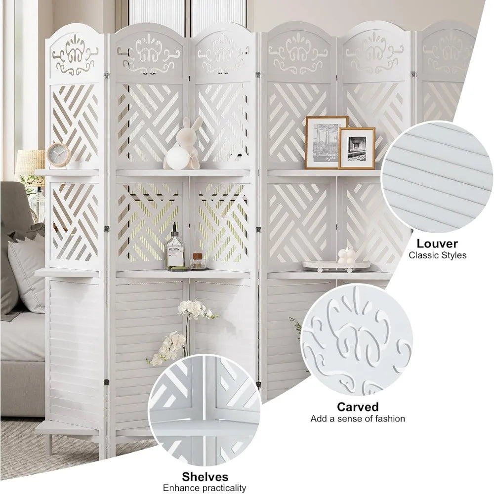 Room Divider with Shelves, 5.75ft Tall Folding Wood Carved Screen
