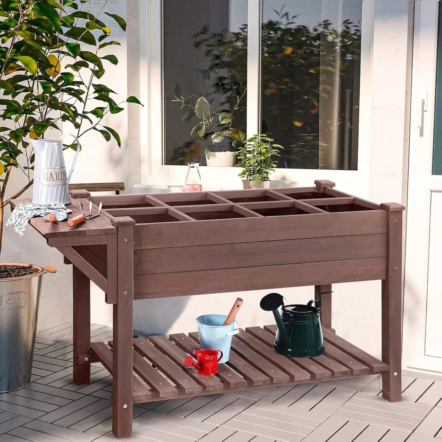 US Raised Garden Bed, Elevated Plant Boxes Outdoor Large with Grow Grid - with Large Storage Shelf 52.7" x 22" x 30"