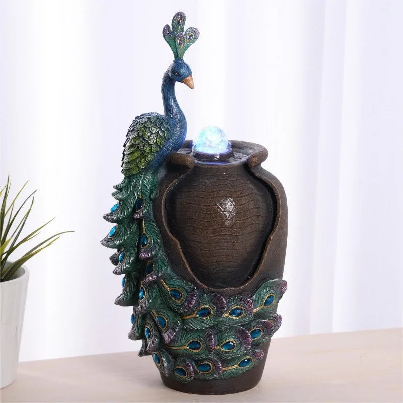 Tabletop Fountain Retro Jar Peacock with Glass Rotating Ball Desk Fountain