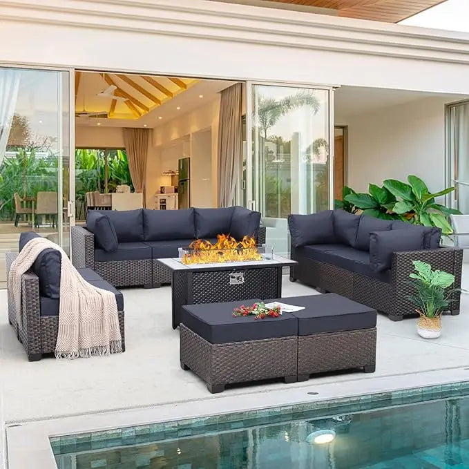 Outdoor Patio Furniture Set 11 Piece Dark Brown Rattan Sectional Sofa PE Wicker Conversation Chairs with 45" Propane Fire