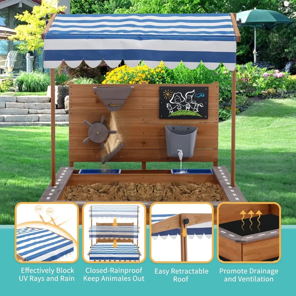Kids Large Wooden SandBoxes with Roof, Outdoor Sand Box Play w/Canopy