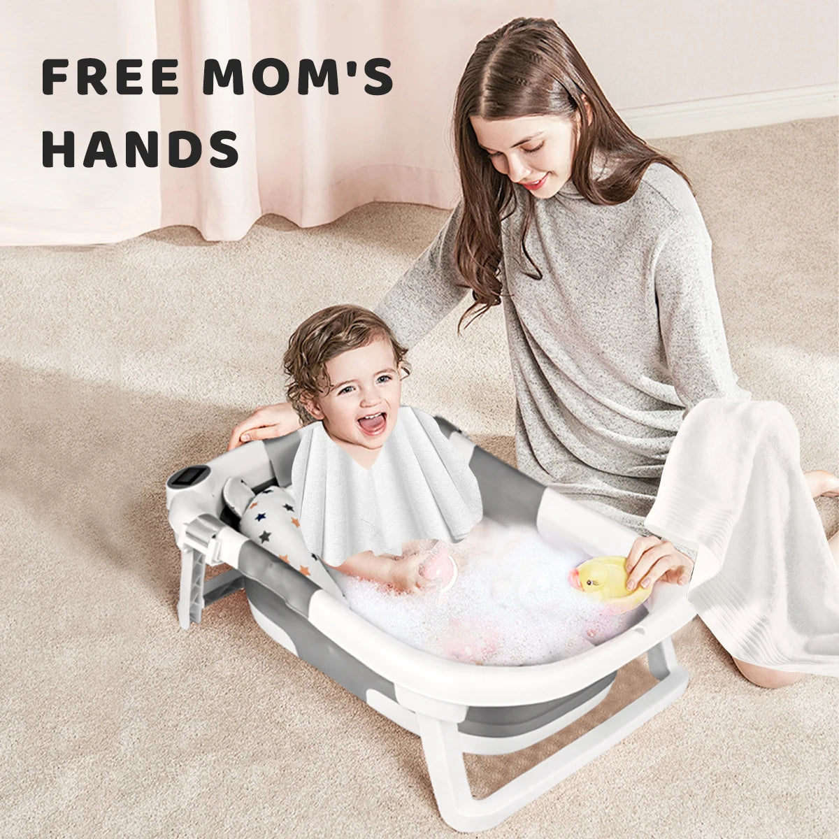 Foldable Baby Bathtub, Baby Bathtub With Soft Cushion And Thermometer