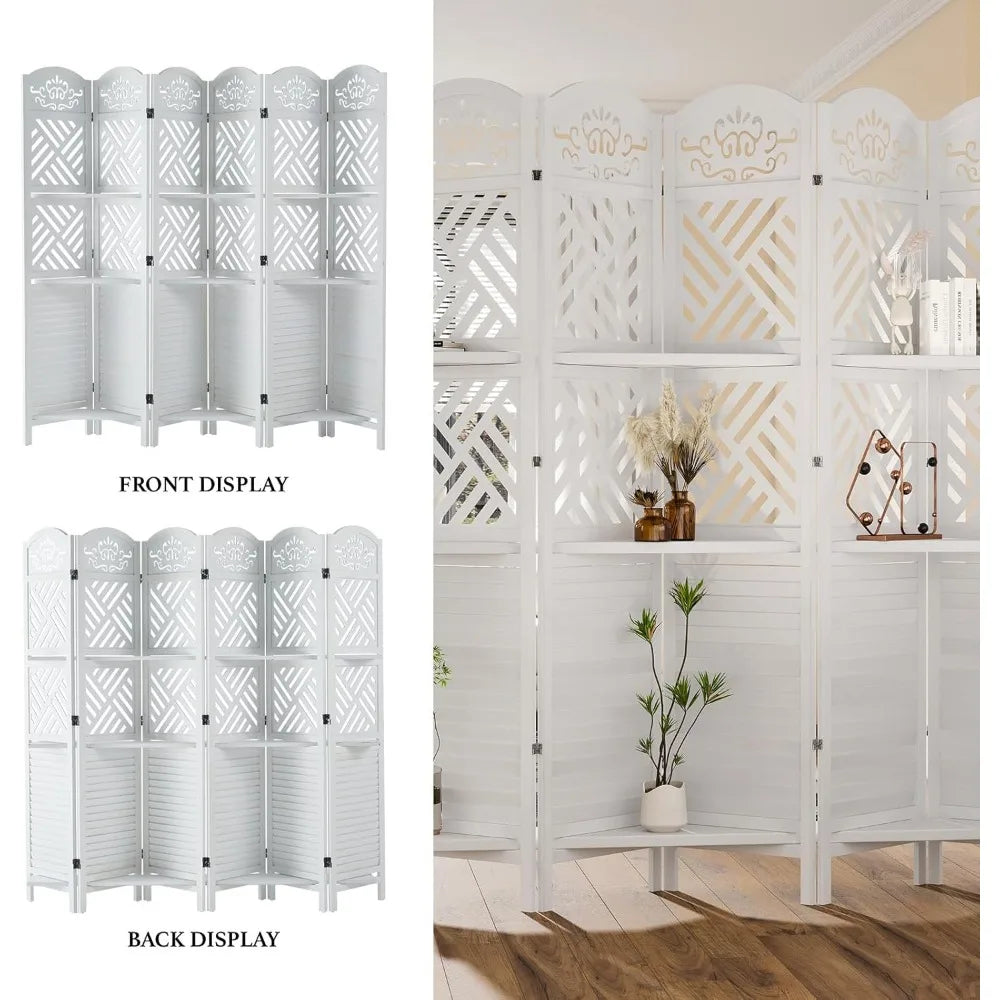 Room Divider with Shelves, 5.75ft Tall Folding Wood Carved Screen