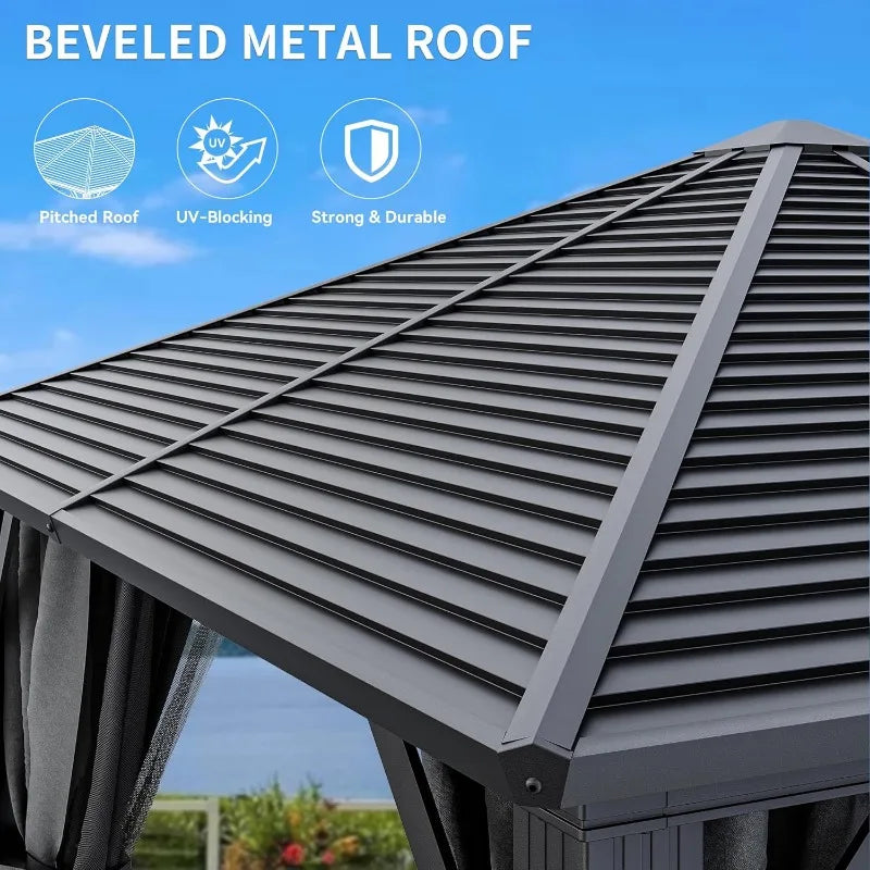 10x10ft Hardtop Gazebo with Nettings and Curtains Heavy Duty Galvanized Steel