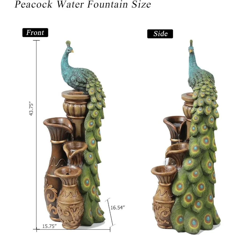 Outdoor fountain, 44 inch resin peacock, outdoor fountain with LED lights