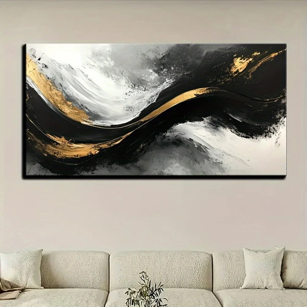 Modern abstract gold wall art - black gold canvas in living room