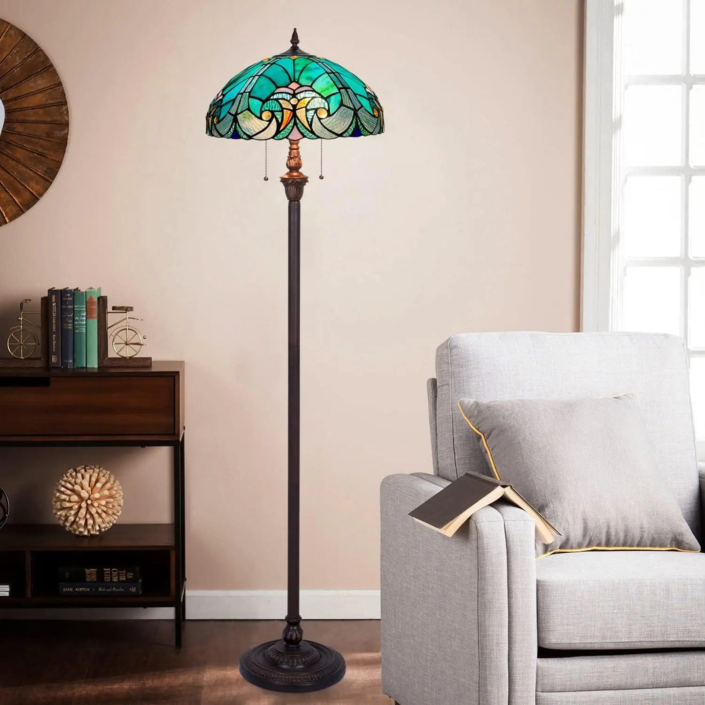 Tiffany Floor Lamp,Stained Glass Lamp Shade,Vintage Antique Style Standing Double Light For Living Room