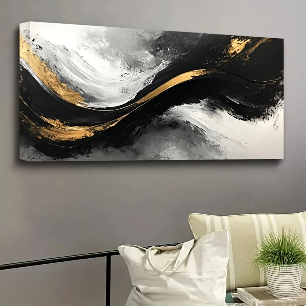 Modern abstract gold wall art - black gold canvas in living room