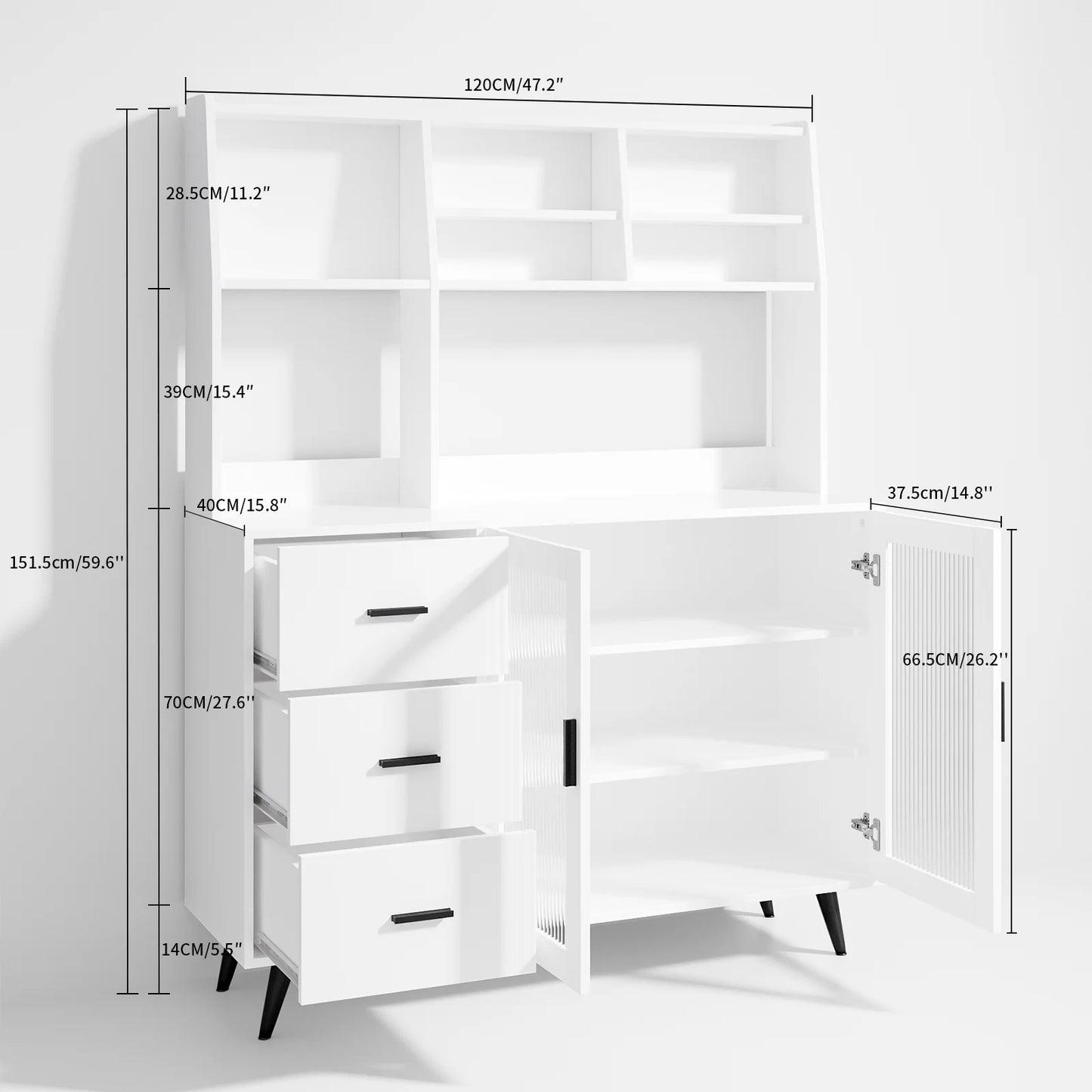 VOWNER Kitchen Hutch Storage Cabinet, Freestanding Kitchen Pantry with Glass Doors and 3 Drawers