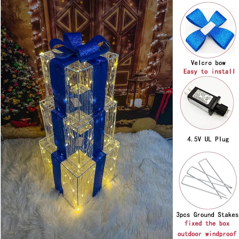 Set of 3 Christmas Lighted Gift Boxes 140 LED Light Up Xmas Present Ornament for Tree Indoor Outdoor Yard