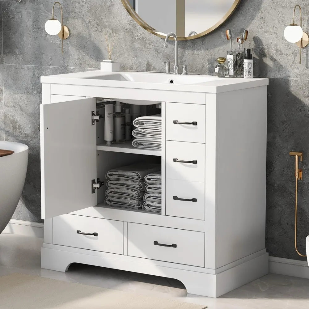 36" Bathroom Vanity with Sink ,6 Drawers & One Cabinet with Adjustable Shelf