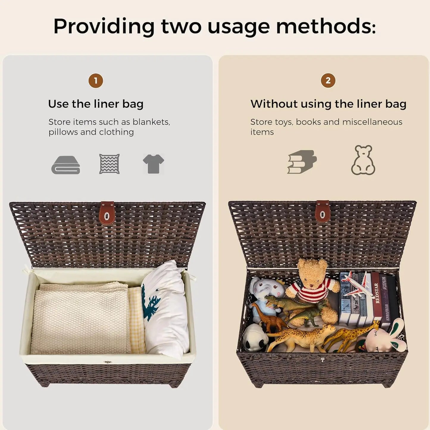 Wicker Storage Basket with Lid Rattan Shelf Basket with Removable Liner Bag 160L Storage Bin Storage Trunk with Heightened Feet