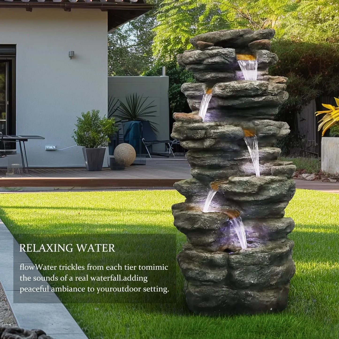 40"High 6Tiers Cascading Rock Outdoor Water Fountain Large Outdoor Fountains and Waterfalls for Garden or Patio