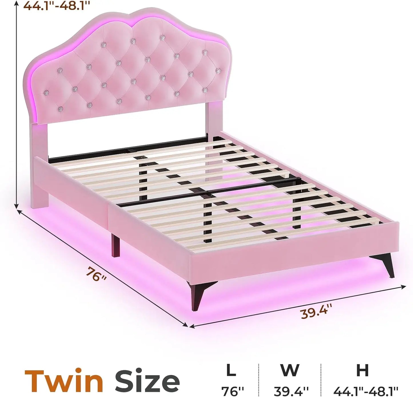Twin Size Upholstered LED Bed Frame, Girls Twin Bed Frame with Adjustable Crystal Button Headboard