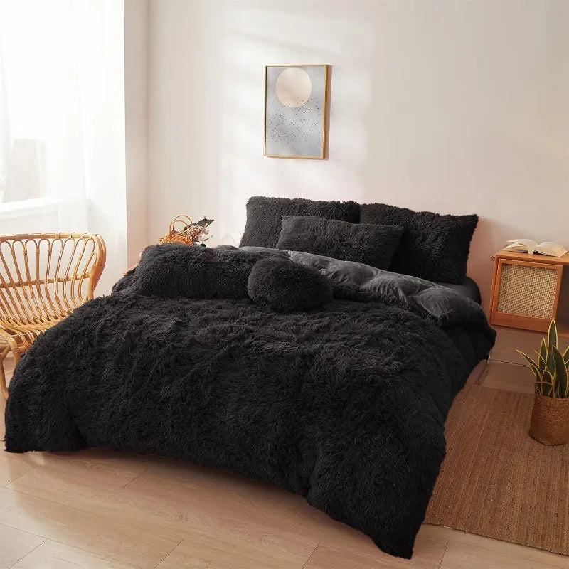 Ultra Soft Black Faux Fur 3 Piece Queen Comforter Set - Plush Fluffy Bedding With Duvet Cover and 2 Pillowcases