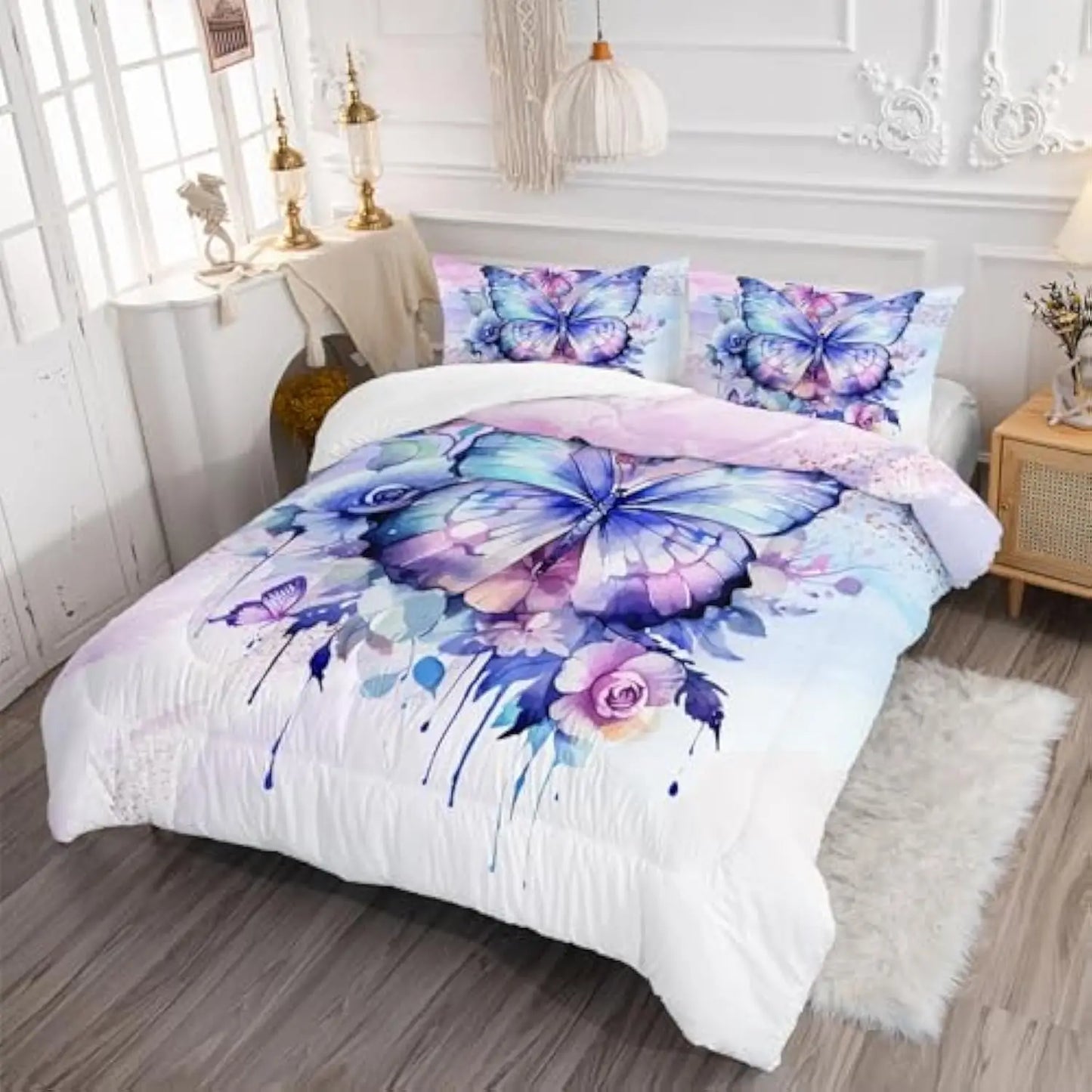 Purple Butterfly Comforter Set Full Size,Watercolor Butterfly Bedding Set